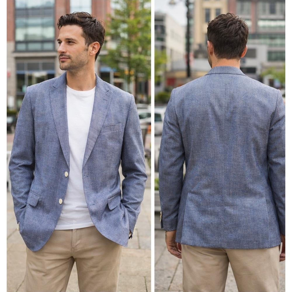 Flynt Mens Wayne Blue Cotton Linen Blend 2 Button Blazer Sport Coat Size 44L